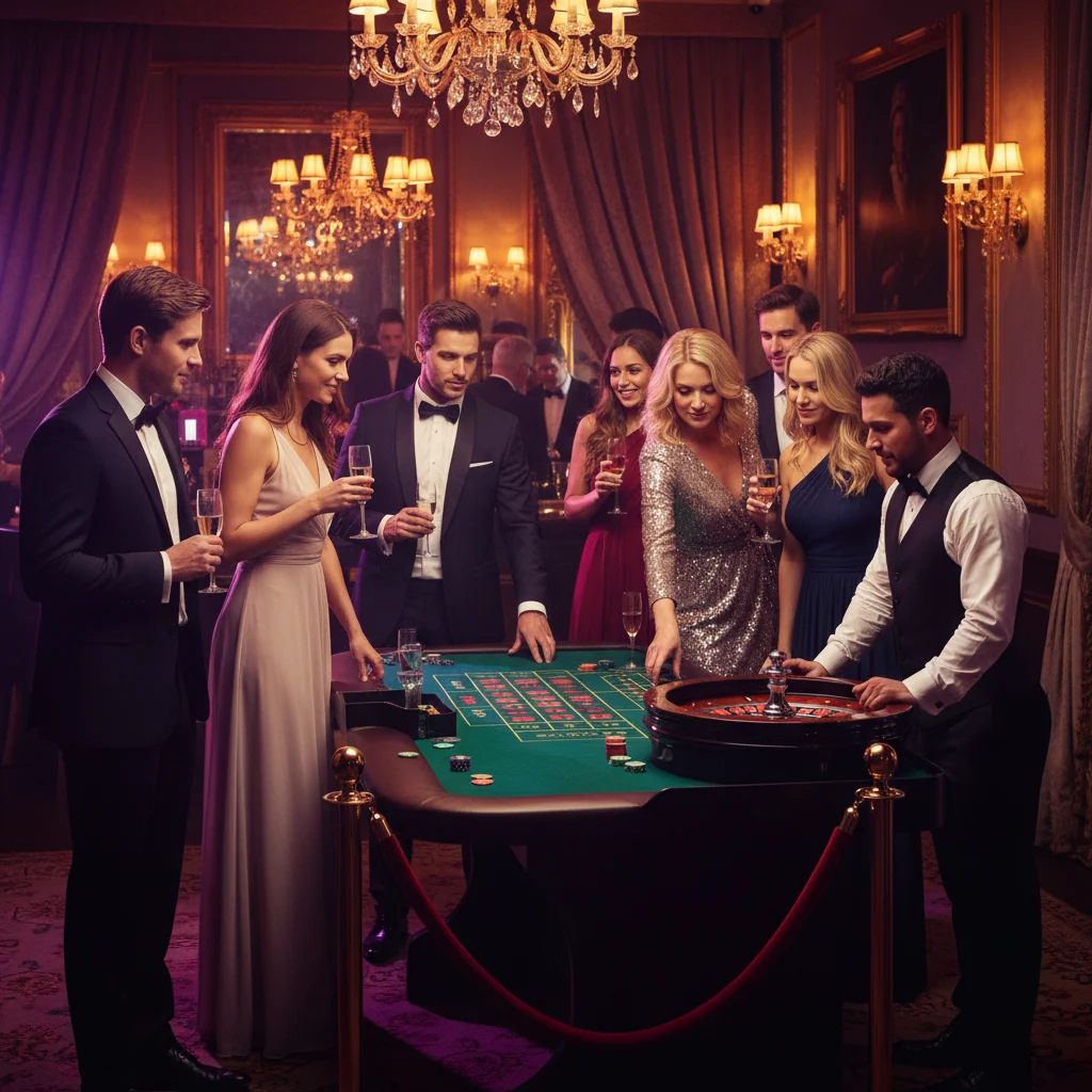 Grupa osób w eleganckich strojach przy stole pokerowym